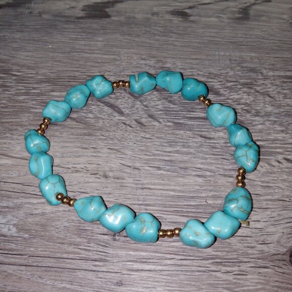 Vintage Boho Bead Bracelet Turquoise & Gold Nugget Stretch Statement Healing - Picture 5 of 5